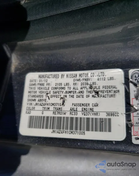 2012 Nissan 370Z Base from USA, damaged, VIN JN1AZ4FH1CM371005